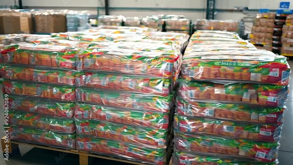 Poster a detailed view of a pallet loaded with wrapped food items in a warehouse, emphasizing the clear wra