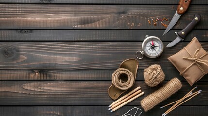 A minimalist survival kit laid out on a rugged wooden table, featuring essential tools like a compass, knife, rope, and matches for wilderness survival