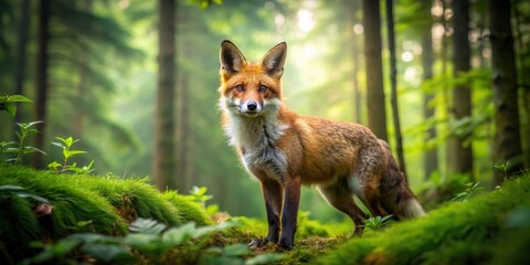 Obraz premium Majestic fox in a lush, green forest, wildlife, nature, animal, fox, beauty, wilderness, vibrant, outdoors, forest