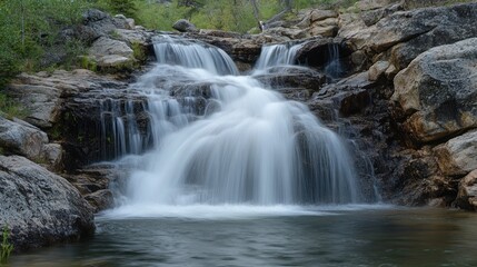 Obraz premium Cascading Waterfall Over Smooth Rocks in a Lush Forest