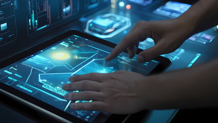 Person interacting with a tablet featuring an advanced interface.