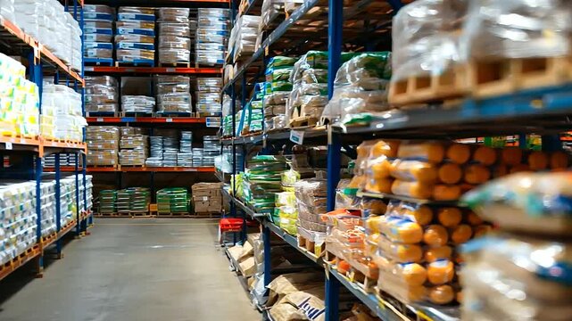 a pallet loaded with various wrapped food items, with the background showing the high shelves of a warehouse