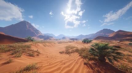 Naklejka premium An awe-inspiring scene of sand dunes and rugged peaks against a canvas of azure skies and fluffy white clouds