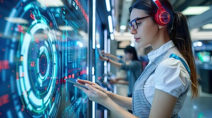 A futuristic bank where robotic tellers lend cryptocurrency to customers, digital currencies projected in holographic displays, blending finance and technology