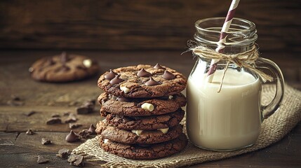   A glass of milk beside a pile of cookies and a jar of cookies on top of a sack of burl