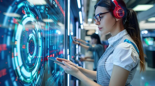 A futuristic bank where robotic tellers lend cryptocurrency to customers, digital currencies projected in holographic displays, blending finance and technology