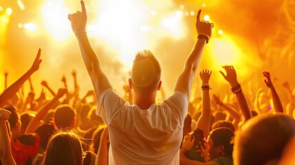 A dynamic music festival where vendors sell band merchandise, fans enjoying live performances, and the energy of music uniting a diverse crowd