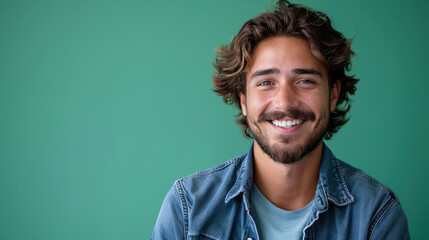 Fototapeta premium Smiling young man with beard wearing denim jacket against green background