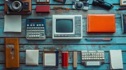 Vintage Technology and Office Supplies on a Blue Wooden Table