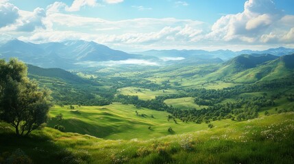 Fototapeta premium Lush Green Valley Surrounded by Mountains with a Blue Sky and Puffy Clouds