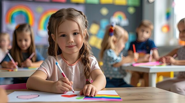 A classroom where children of different ethnicities are drawing rainbows and writing about love and acceptance, fostering an environment of equality