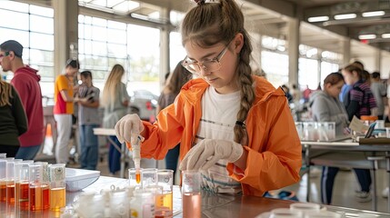 A bustling science fair where young inventors borrow lab equipment, conducting experiments and showcasing innovations that inspire awe and wonder