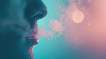 Closeup of lips exhaling smoke against colorful background