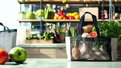 Observe a stylish shopping tote filled with fresh produce, reusable containers, and eco-friendly packaging, highlighting mindful consumption