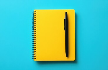 Yellow notebook with pen on blue background
