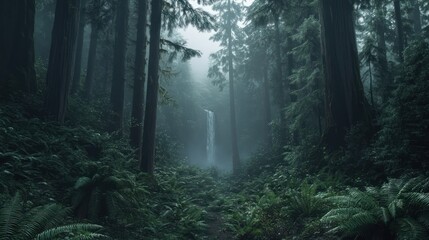 Mystical Waterfall in the Foggy Forest