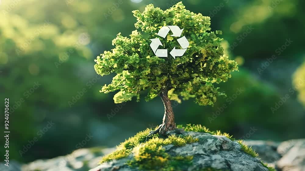 Poster observe the intricate detail of a tree with a recycling logo at its base, set against a backdrop of 