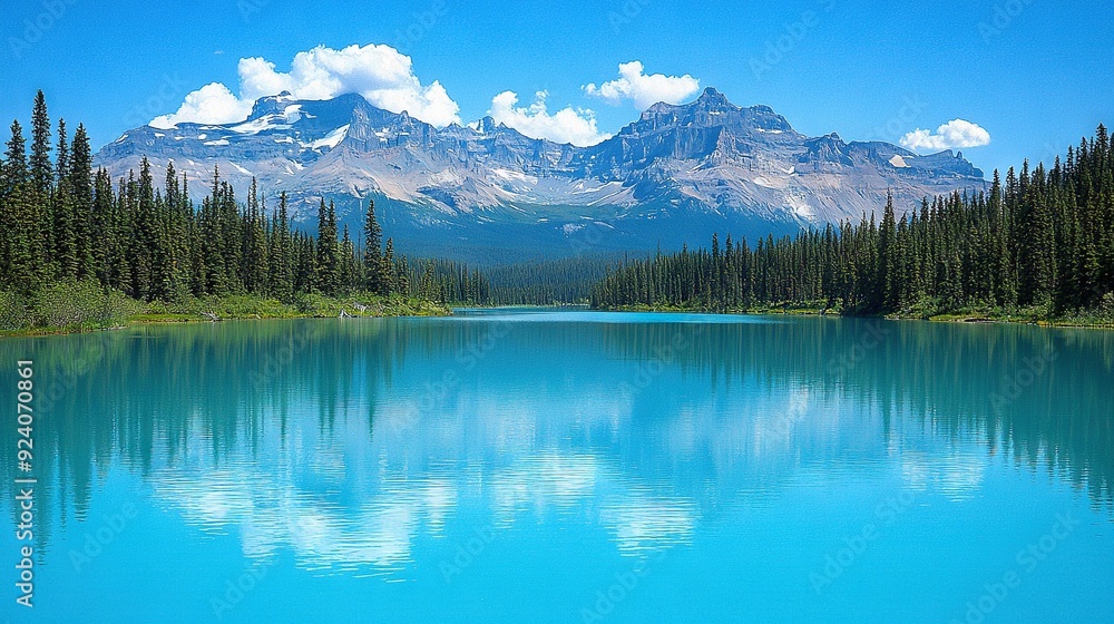 Poster a serene blue lake nestled amidst towering pines, with majestic mountains looming in the background 