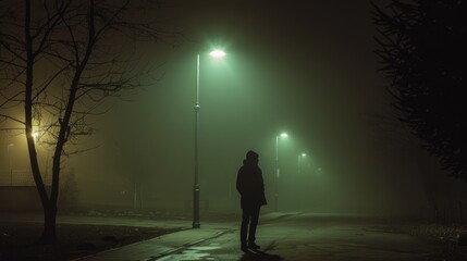 Duplicated photo of myself standing under a streetlight on a foggy night AI generated