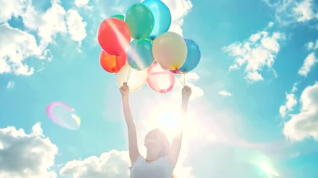 Experience the pure joy of a woman lifting a bouquet of colorful balloons high above her head, set against the backdrop of a bright and cloudless blue sky