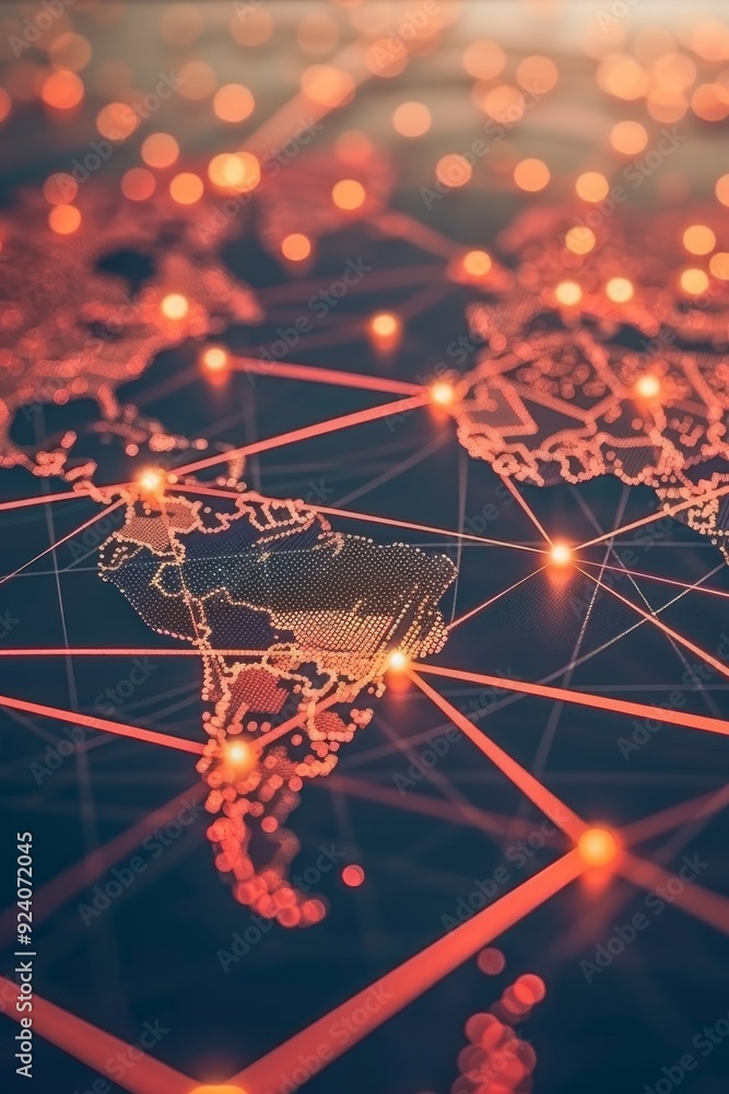 Poster global network, world map with connecting lines and nodes. communication, technology, globalization.