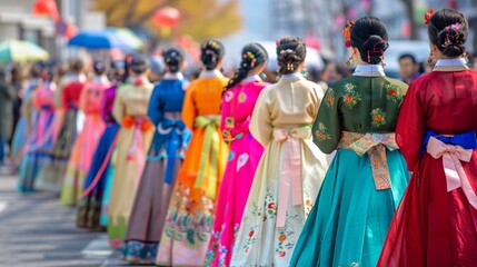 Join a vibrant Hanbok parade celebrating the beauty and artistry of traditional Korean attire.