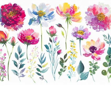 watercolor flowers set featuring hand-painted abstract botanical illustrations. This bundle showcases a variety of delicate floral designs, each rendered with artistic flair, isolated against a clean 