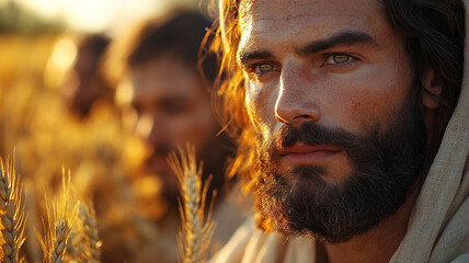 Jesus gathers ears of wheat. Jesus and the flock in a wheat field.