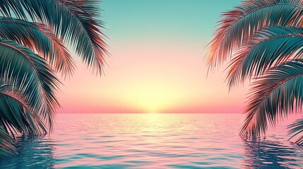  A picturesque tropical sunset features palm trees in the foreground and the sun's reflection shimmering on the water's surface