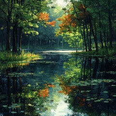 Digital Canvas of a Forest Lake: A Serene Scene with Trees and Reflections in the Calm Water