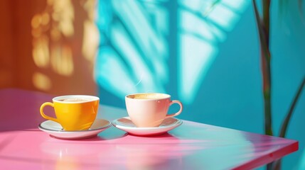 Fototapeta premium Coffee cups on table with bright backdrop