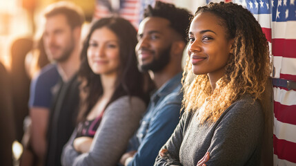 Happy Diverse Group Americans In Line Vote Young Voters Election Presidential America Teenager Democracy