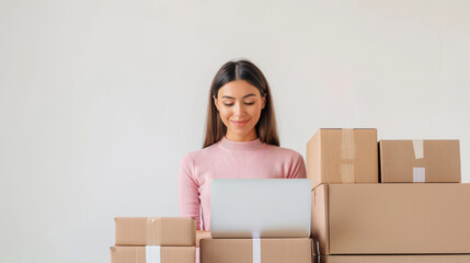 A focused woman works on her laptop surrounded by cardboard boxes, representing online shopping and delivery concepts.