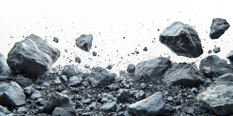 A pile of small rocks are scattered around the white background. The rock piles form an asteroid belt in space.
