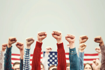 Fototapeta premium A group of united people raising their fists in solidarity against a backdrop of an American flag, symbolizing strength and protest.
