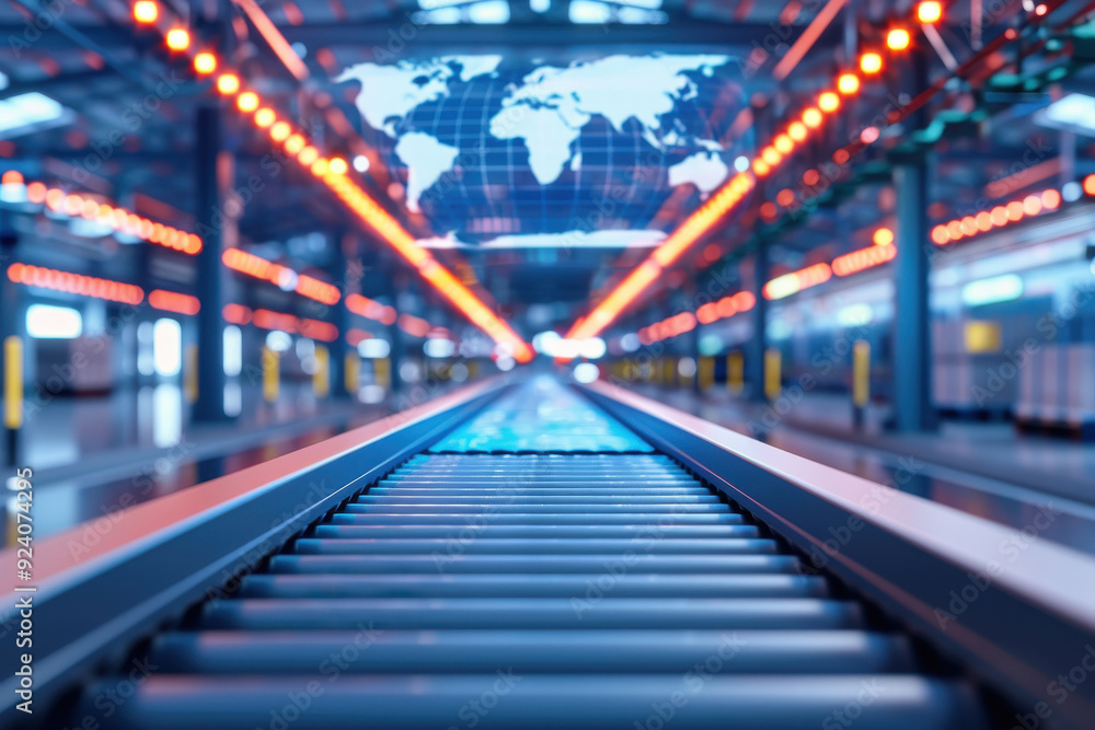 Poster a modern conveyor system in a warehouse with a global map backdrop, showcasing advanced logistics an