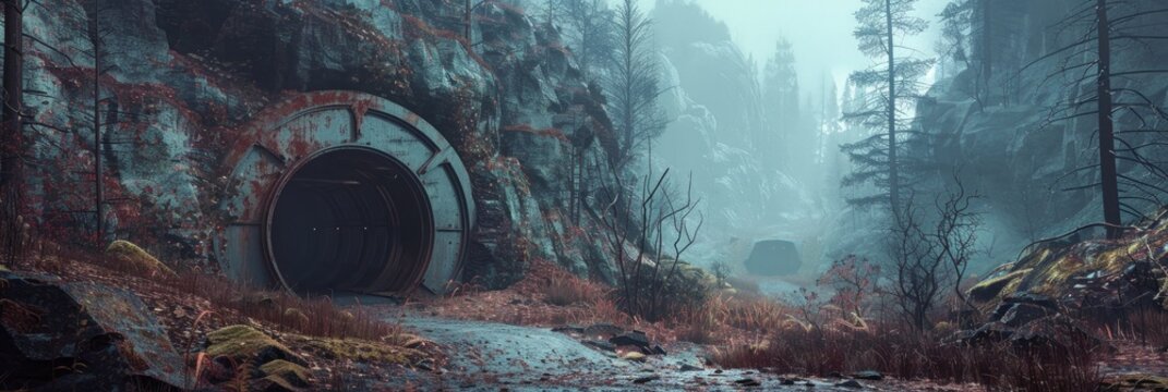 Access point to a subterranean shelter designed for fallout safety in a mountainous area.