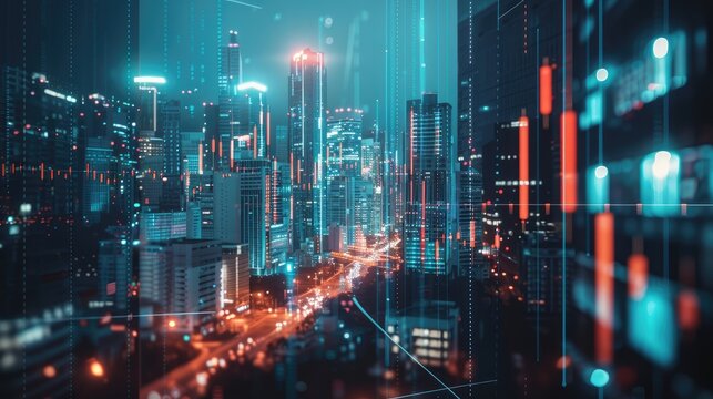 chart on cityscape with skyscrapers wallpaper exposure. Financial research concept AI generated