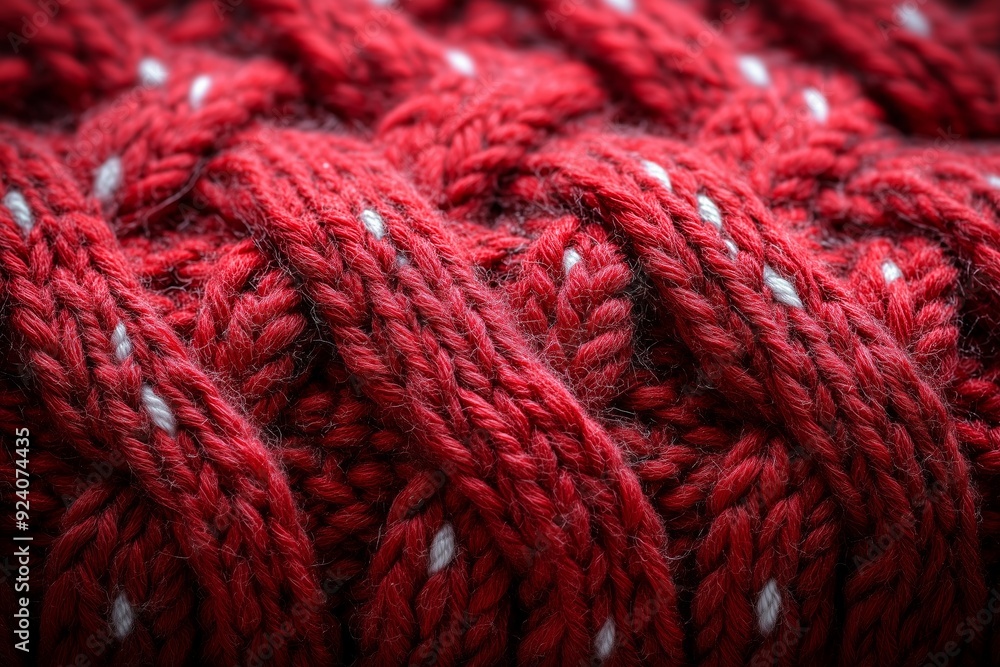 Poster red knitted fabric close-up showcasing intricate braiding patterns and soft texture