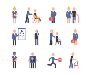 Disabled people icons bundle. Linear dot style icon. Vector illustration