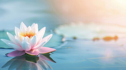 A serene water lily blossoms gracefully, casting reflections on tranquil water, embodying peace and natural beauty.