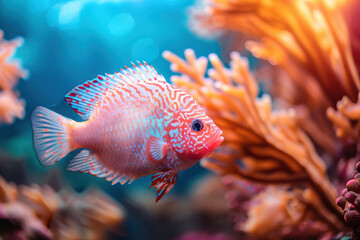 Fototapeta premium A vibrant fish swimming gracefully among colorful coral, showcasing the beauty of underwater life in a serene ocean ecosystem.