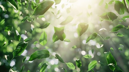 Flying green leaves effect with light sunlight in illustration vector AI generated