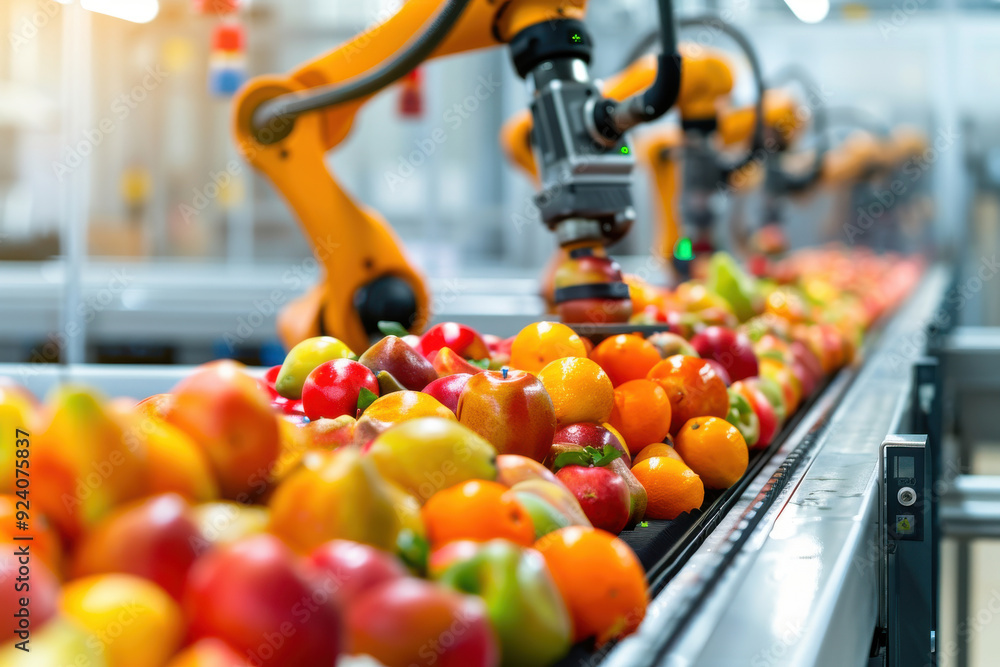 Poster automated robots sorting colorful fruits on a conveyor belt in a modern agricultural facility.