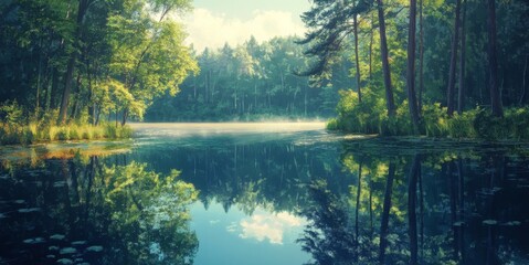 Fototapeta premium Digital Canvas of a Forest Lake: A Serene Scene with Trees and Reflections in the Calm Water