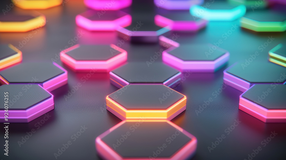 Poster colorful hexagonal shapes illuminated with neon lights, creating a vibrant and modern abstract backg