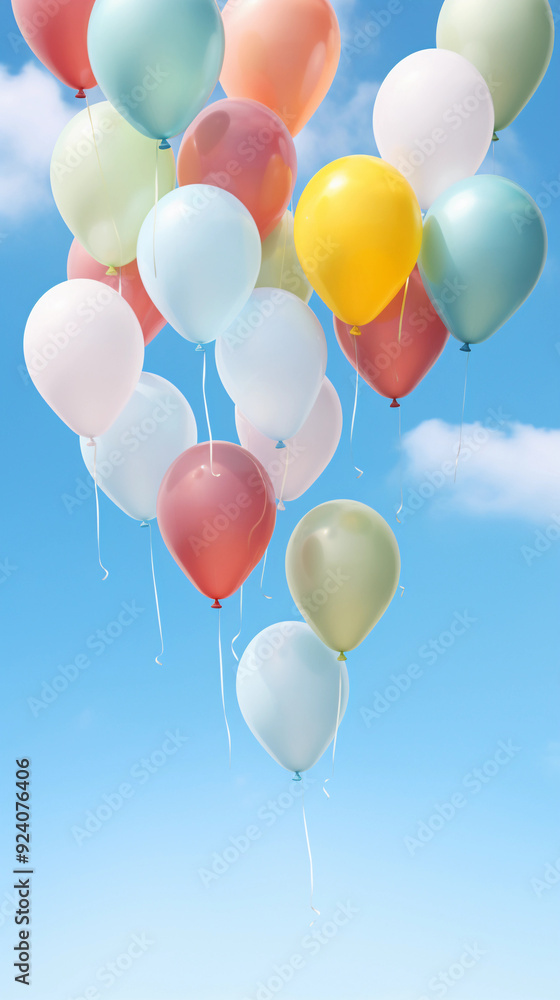 Poster a bunch of colorful balloons floating in the sky. the balloons are of different colors and sizes, cr
