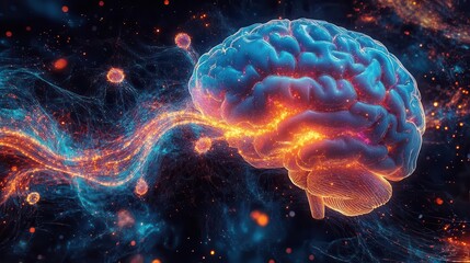 A surreal elderly brain landscape with glowing antidepressant molecules flowing through neural rivers, pharmacokinetics visualized as colorful time-lapse trails