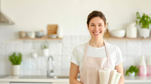 Smiling woman in apron holding dish towels in bright modern kitchen - Powered by Adobe