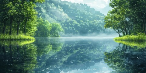 Obraz premium Digital Canvas of a Forest Lake: A Serene Scene with Trees and Reflections in the Calm Water